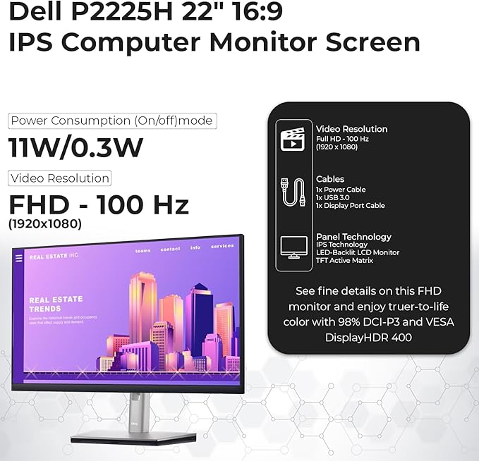 Dell P2225H 22 16:9 IPS Computer Monitor Screen with DisplayPort and USB 3.0 Upstream Cables with Power Cord + USB 3.0 Upstream Cable + Display Port Cable + HDMI Cable + Microfiber Cloth (Renewed)