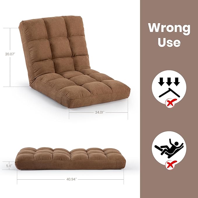 Floor Chair 24 inches Wide Oversized Velvet Armless Lay Flat Floor seat Padded Meditation Chair with 6 Adjustable Position Ergonomic Comfortable Convenient (Casual LRSF-006-TAN)