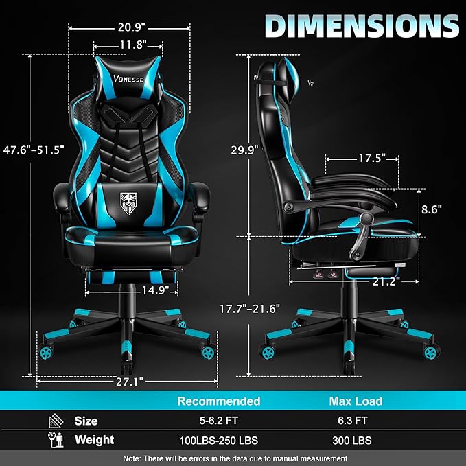Vonesse Gaming Chair Big and Tall Gaming Chair with Footrest and Massage Gaming Chairs for Adults with Lumbar Support Ergonomic High Back Computer Chair with Pocket Spring Cushion (Cyan/Black)