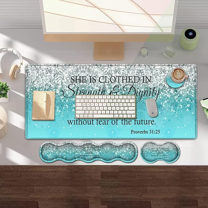 Gaming Mouse PadLarge Mouse Pad with Stitched EdgeNon-Slip Base Office Desk Pad Ergonomic Keyboard Wrist Rest SetWaterproof Writing Pad Proverbs 31：25 Bible Blue Glitter Extended Desk Mat