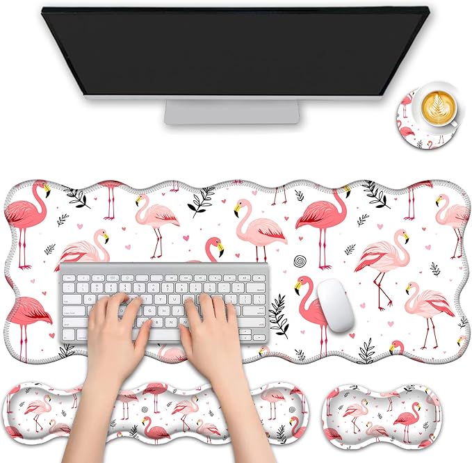4 in 1 Desk Mat SetMouse Pad with Keyboard Wrist RestWave-Shaped DesignNon-Slip Rubber BaseWaterprooffor HomeOfficeGamingCute Flamingo