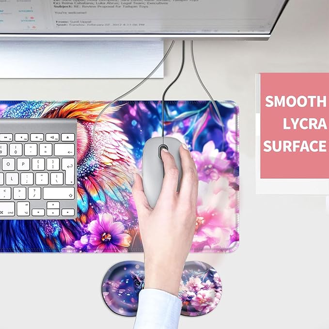 Mouse PadLarge Desk Mat Set 4in1 XL Mousepad + Keyboard Wrist Rest+Mouse Wrist Rest+Coaster with Ergonomic Desk Pad for Home Office Table Computer Cover -Owl Flowers Dragonflies