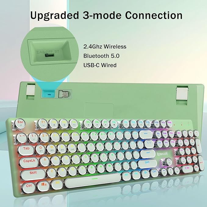 Redragon K710 Wireless Typewriter Mechanical Gaming Keyboard Bluetooth/2.4Ghz/Wired RGB Led Backlit Blue Switch - Clicky Rechargeable Solid Metal Panel Round Keycaps Green