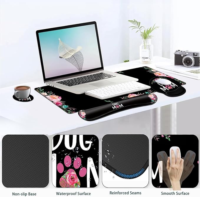 Large Mouse Pad Ergonomic Mouse Pad with Wrist Rest and Keyboard Wrist Rest 4 in 1 Set 31.5 x11.8 inch Extended Desk Pad for Home Office Cute Dog Mom Floral Pattern XXL Black Gaming Mouse Mat
