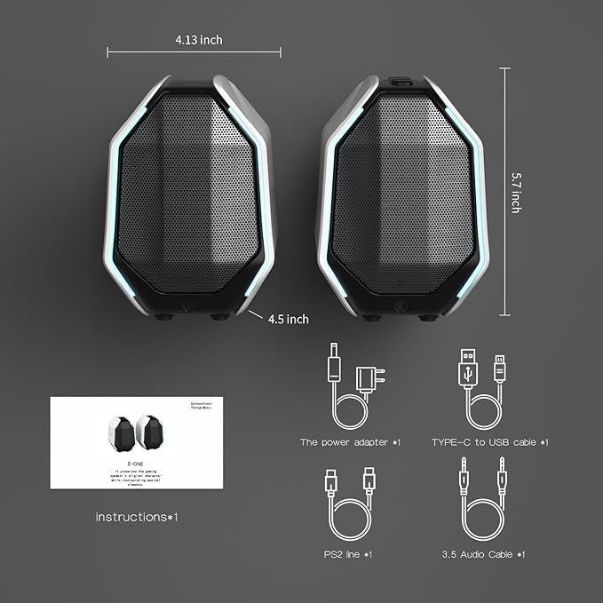 Computer Speakers for Desktop PC Gaming PC Speakers for Desktop – USB-C Bluetooth 5.3 3.5mm AUX AC Powered External Audio with Rich Stereo bass Laptop/Mac RGB Lights White 30W