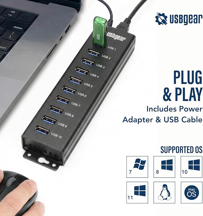 USBGear 10-Port USB Hub 3.2 Gen 1 – Mountable SuperSpeed Data Hub with USB Ports for Laptop PC Desktop and More 5V/4A Power Adapter with Type-A to Type-B Cable (3ft) Computer Accessories