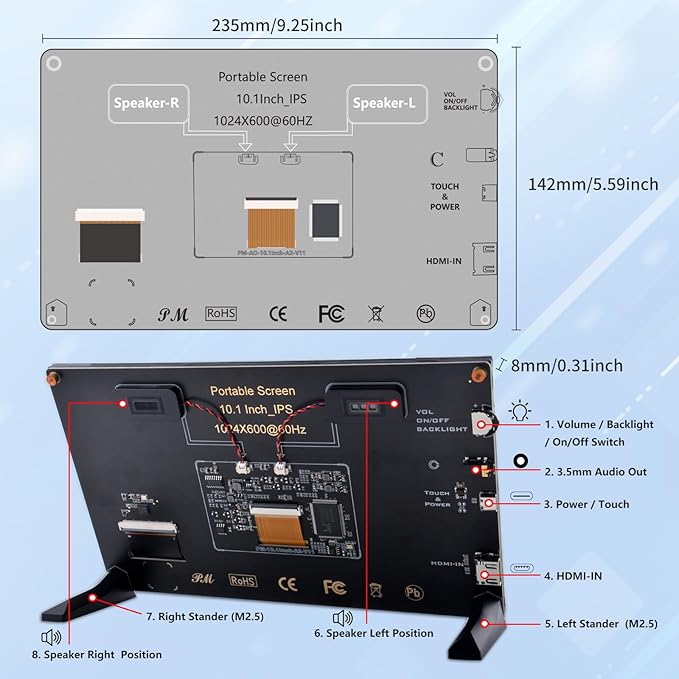 GeeekPi 10.1 Inch Capacitive Touchscreen Display 1024x600 IPS LCD with Dual-Speaker HDMI Portable Monitor for Raspberry Pi 5/4B/3B+/3B/B+/Zero/400 Win11/10/8/7 Free-Driver