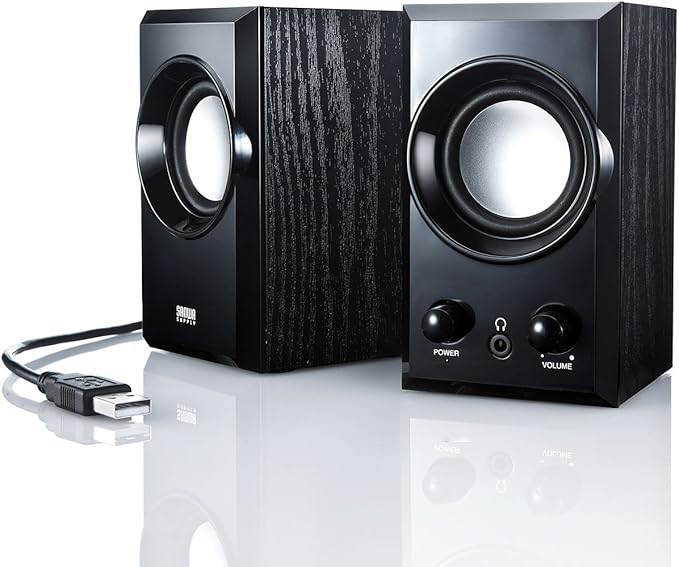 Sanwa Supply MM-SPU7BK USB Speaker Wooden Cabinet with Passive Radiator Black