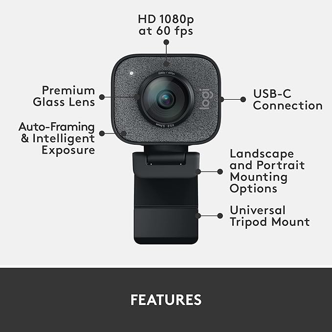 Logitech StreamCam Premium Webcam for Streaming and Content Creation Full HD 1080p 60 fps Works with Microsoft Teams Google Meet Zoom Nintendo Switch 2’s new GameChat mode for PC/Mac – Graphite