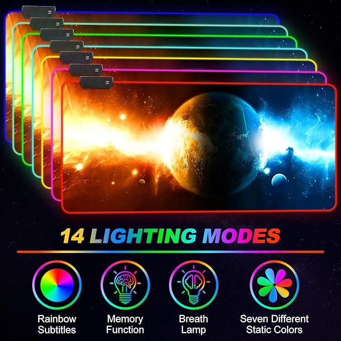 ARTSO RGB Gaming Mouse Pad Large Extended LED Mouse Mat XXL 35.4x15.7 inch 14 Lighting Modes 2 Brightness Non-Slip Rubber Base Mousepad Waterproof Keyboard MatUniverse Space Starry Sky