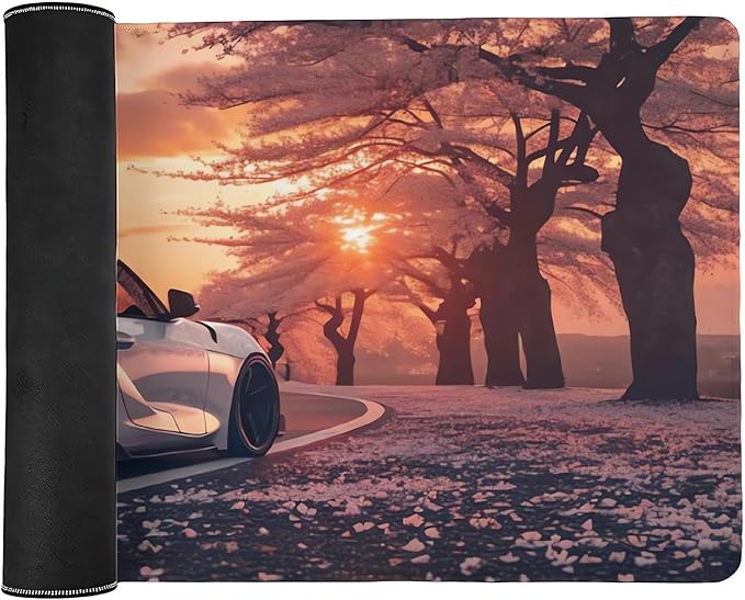 Car Mouse Pad with Stitched Edges Cherry Blossoms JDM Desk Mat Cool Sunset Desk Pad Computer Accessories Gaming Office Decor Keyboard Pads for Desk Rubber 40x90cm