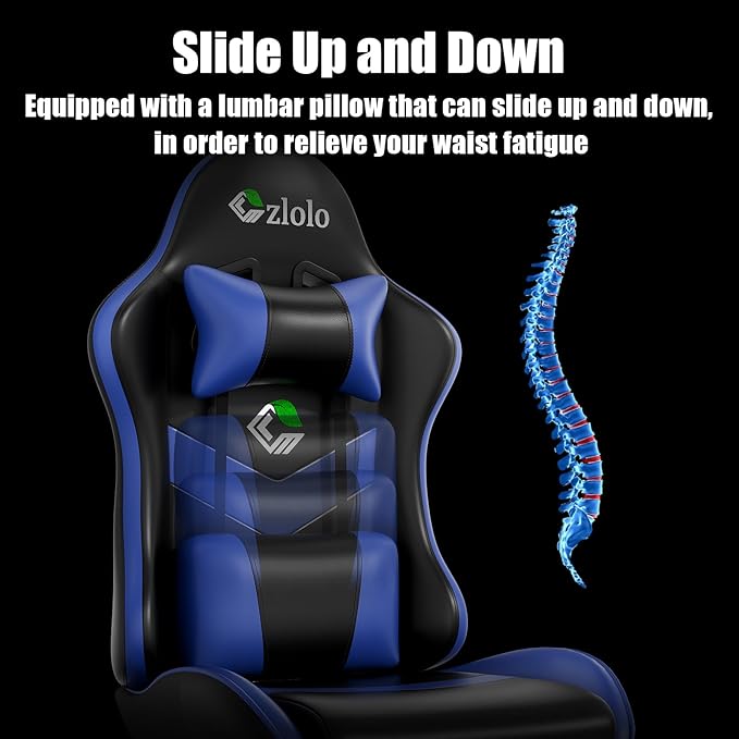 Gaming Chair with Footrest Racing Style Lumbar Support Massager Video Game Chair with Metal Legs High Back Gamer Chair with Headrest 360° Swivel Office Computer Desk Chair Bright Blue