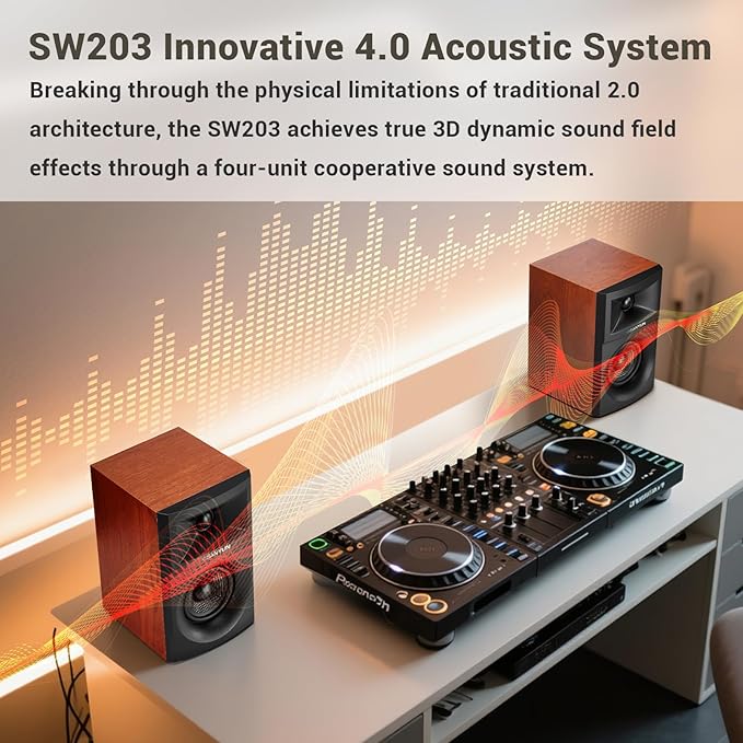 Sanyun SW203 4.0 Computer Speakers - 60W 4-Way DSP Control 3D Immersive Sound - 3 Carbon Fiber Woofer &amp 20mm Silk Dome Tweeter - 24bit DAC USB/Bluetooth 5.4/AUX - Studio-Grade Audio (Pair Red)