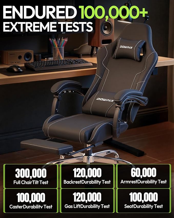 Dowinx Ergonomic Gaming Chair with Footrest &amp Massage Lumbar 2D-Linkage Armrests for Computer Chair 330lbs with Headrest Pillow for Office Home Streaming and Long Gaming Sessions Black