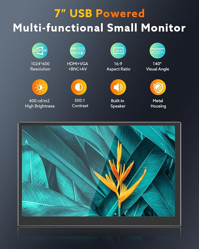 Eyoyo 7 inch Small Mini Monitor 1024x600 Resolution Car Rear View TFT LCD Screen Display with HDMI/VGA/AV Video Input for PC DVD DVR CCD 140° Wide Angle Metal Housing