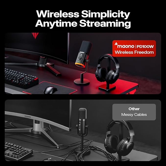 MAONO PD100WS Wireless Gaming Microphone for PC Dynamic Streaming USB Mic with 3 Level Noise CancellingRGBMute Button Software EQComputer Boom Mic for Podcast Vocal Recording Black