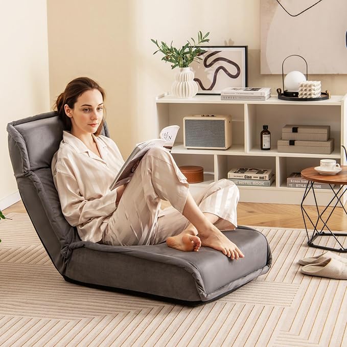 COSTWAY Folding Floor Chair Convertible Lazy Sofa Chair with 14-Poistion Adjustable Backrest 5-Position Adjustable Headrest Cushioned Floor Gaming Chair for Adults Reading Meditating (Grey)
