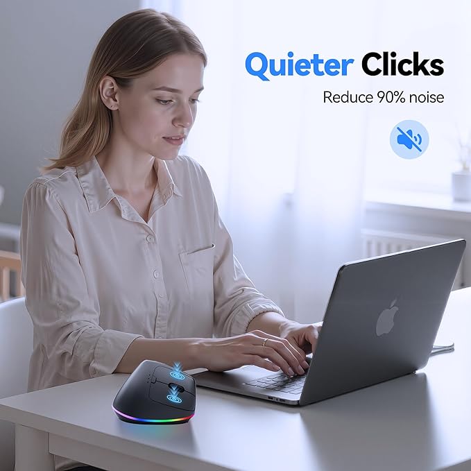 TECKNET RGB Rechargeable Wireless Ergonomic Mouse - USB+Bluetooth Multi-Device LED Vertical Mouse with 11 RGB Backlight Modes 4800 DPI Adjustable Ergo Mice for Windows and Mac Black