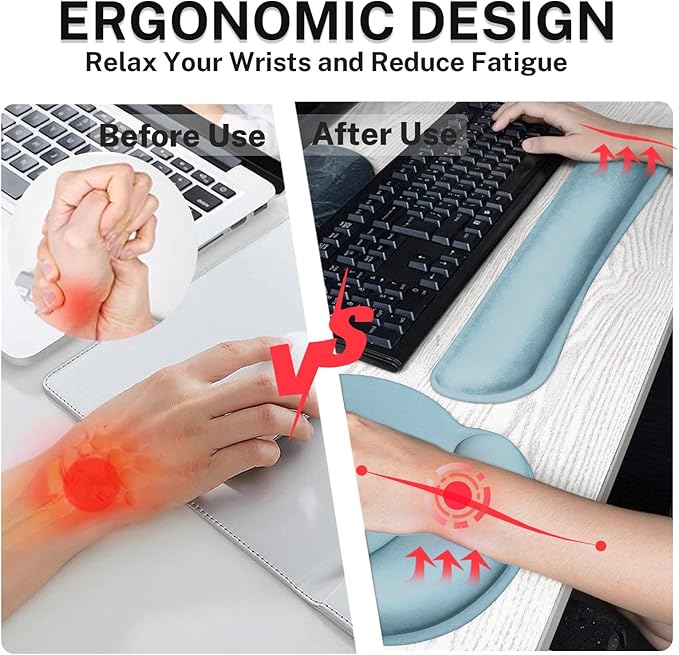 Britimes Blue Keyboard Mouse Pad Set Blue 4 in1 Large Mousepad+Keyboard Wrist Rest+Mouse Wrist Rest+Coaster Ergonomic Design for Home Office Computer 35.4x15.7Inches
