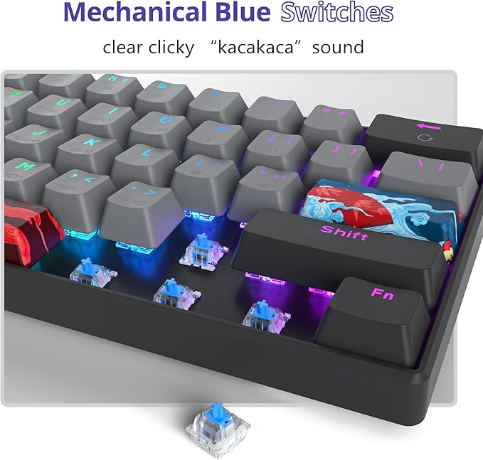 Protable 60% Percent Gaming Keyboard Mechanical Mini Compact RGB Backlit 61 Keys Wired Office Keyboard with Blue Switch for Mac/Win (Dolch/Blue Switch)