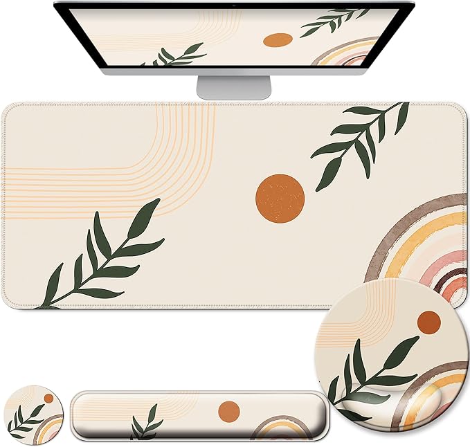 Desk Mat Set + Keyboard and Mouse Pad with Wrist Rest Support4-in-1 Large Mousepad Computer Mats for Desktop Home &amp Office-Boho Leaves