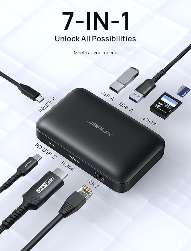 Docking Station JSAUX OmniCase 7-in-1 USB C Hub with Cable Storage Support 1000M Ethernet 4k HDMI 100W USB C PD USB 3.0 SD/TF Card Docking Station for MacBookPro/Air iPad Chromebook