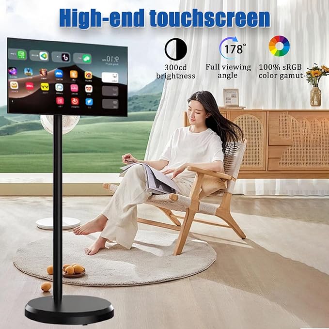 24 Inch Portable Smart Screen on Wheels Wireless Touch Monitor Android 12 Full-Motion Mount 1080P Touch Screen for Streaming Work and Multi-Purpose Use 6+128GB