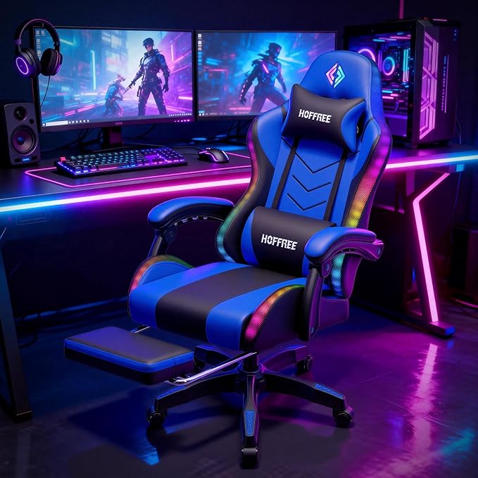 HOFFREE RGB Gaming Chair with Rhythm LED Lights and Speakers Massage Computer Chair with Footrest Music Video Game Chair High Back with Lumbar Support Blue
