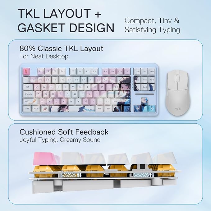 Redragon K728 PRO SE 80% 87 Keys Wireless Gasket RGB Gaming Keyboard 3-Mode Anime Mechanical Keyboard w/Hot-Swap South-Facing LED Socket 5-Layer Noise Dampening Custom Hi-Fi Linear Switch