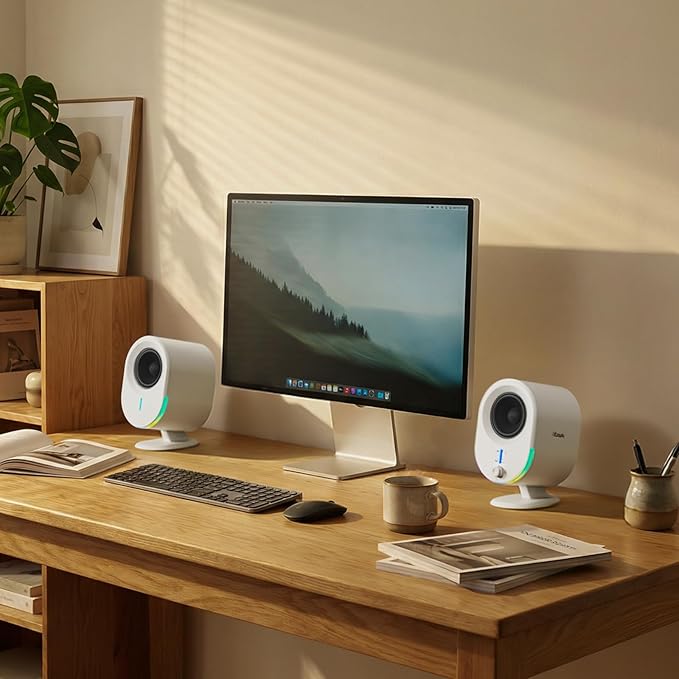 Bluetooth PC Gaming Speakers 2 * 15W 2.0CH Stereo with 3 EQ &amp 6 RGB Modes AC Powered Desktop Speakers with Aux/USB/Headphone Port for Laptop/TV White