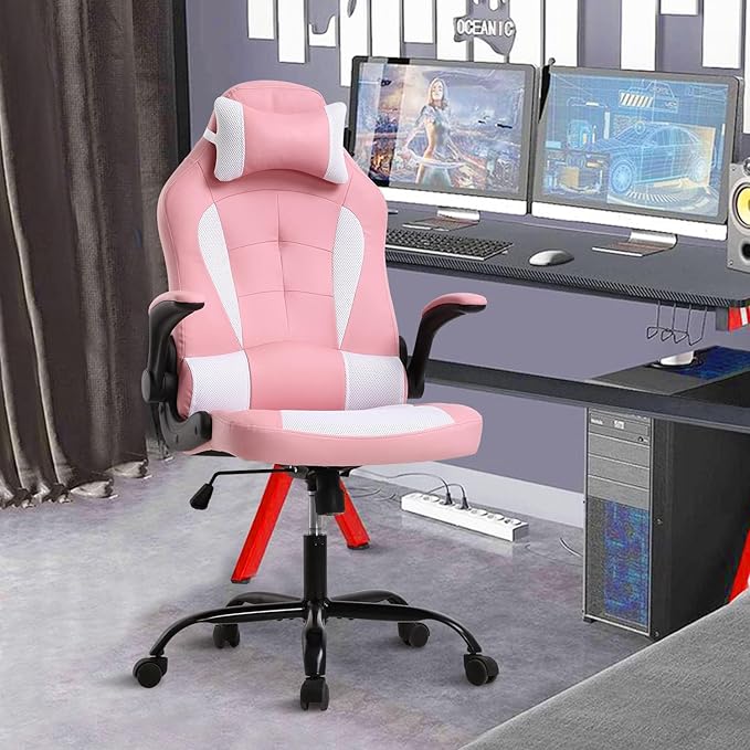 Pink Gaming Desk Chair PC Gaming Chair Gamer Chair Comftorable Ergonomic PU Leather Computer Office Chair with Lumbar Support Flip Up Arms High Back Executive Gaming Stuff for Girl Kids Adults