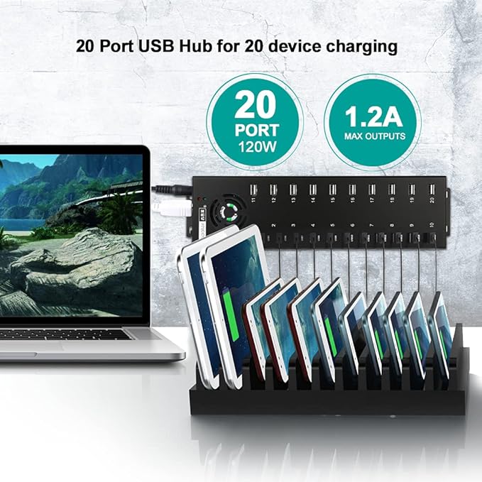 Industrial 20-Port USB 2.0 High Power Hub with up to 1.2A Charging Current per Port