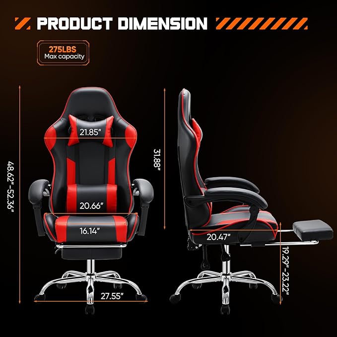 DUMOS Gaming Office Desk Chair with Footrest and Headrest for Adults PU Leather Ergonomic Video Computer Chair with Linkage Armrests Height Adjustable 360° Swivel Recling Chair New Red
