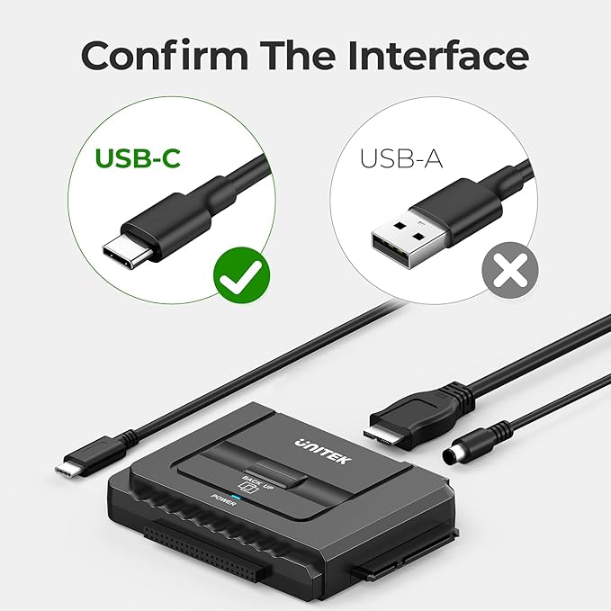 Unitek USB C to IDE and SATA Converter External Hard Drive Adapter Kit for Universal 2.5/3.5 HDD/SSD Hard Drive Disk One Touch Backup Function Included 12V/2A Power Adapter