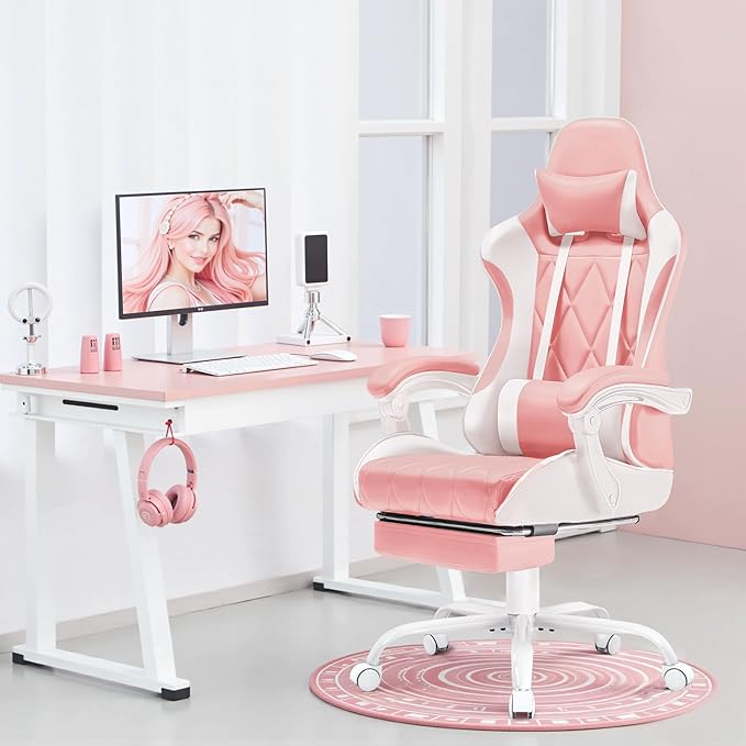 Homall Gaming Chair Computer Chair with Footrest and Massage Lumbar Support Ergonomic High Back Video Game Chair with Swivel Seat and Headrest (Pink)