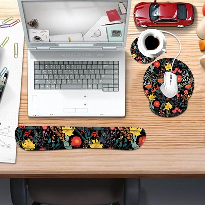 Keyboard Wrist Rest and Mouse Pad Wrist Support Set with CoasterErgonomic Mouse PadComfortable for Easy Typing Pain ReliefMemory Foam Keyboard Pad Set for Laptop MacBeautiful Floral