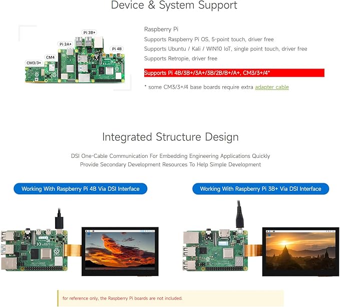 Waveshare 4.3inch DSI Display 800 × 480 Resolution IPS Compatible with Raspberry Pi 4B/3B+/3A+/3B/2B/B+/A+ CM3/3+/4 Touch Version