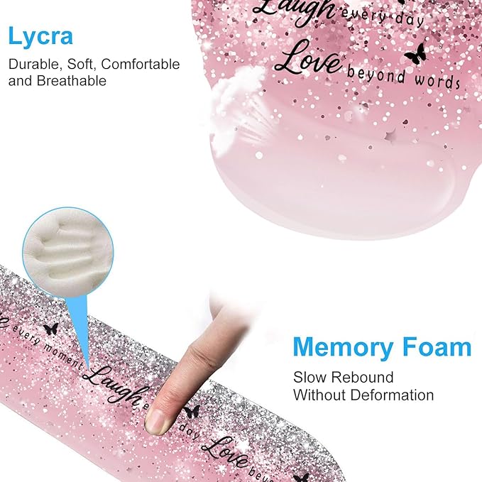 Keyboard Wrist Rest and Mouse Pad Wrist Support Set with CoastersErgonomic Gaming Mousepad for Home Office Working Studying Easy Typing &amp Pain ReliefLive Love Laugh Quote Pink Sparkle Glitter