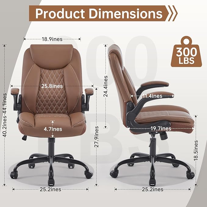YFO Leather Office Ergonomic Home Office Desk Chair Back Support Swivel Executive Office Chair with Wheels and Flip-Up Armrests Small Gaming Chair with Adjustable Rocking Function Brown