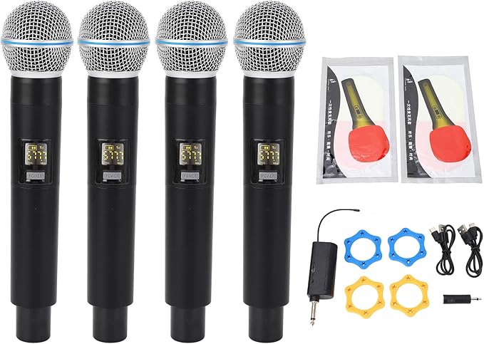 4Pcs Wire Less Microphone Set Handheld Microphone Set Cordless VHF Band 164ft Range Wire Less Dynamic Mic for Stage Performance Recording Karaoke