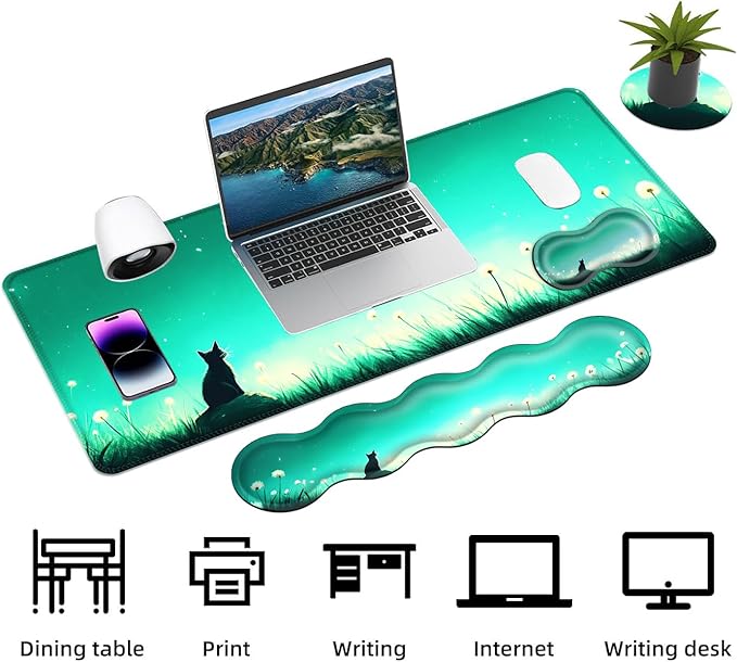 Keyboard Mouse Pad Set Extended Gaming Mouse Pad+Ergonomics Keyboard Wrist Rest Support Memory Foam Easy Typing Pain Relief 4Pcs XL Ultra Thick Desk MatCat in Dandelion Field