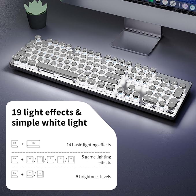 EWEADN TK950 Typewriter Keyboard Wireless Mechanical Keyboard 104 Keys Aesthetic Typewriter Keyboards with White Backlit Anti-Ghosting Blue Switch Bluetooth/2.4GHz/Wired Keyboards-White