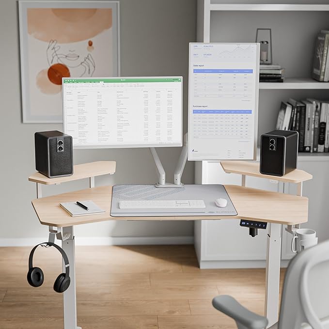 EUREKA ERGONOMIC Aero 55 Inch W Shaped Electric Standing Desk Height Adjustable Computer Gaming Desk with LED Monitor Shelf Mouse Pad Headphone Hook Cup Holder Natural Maple
