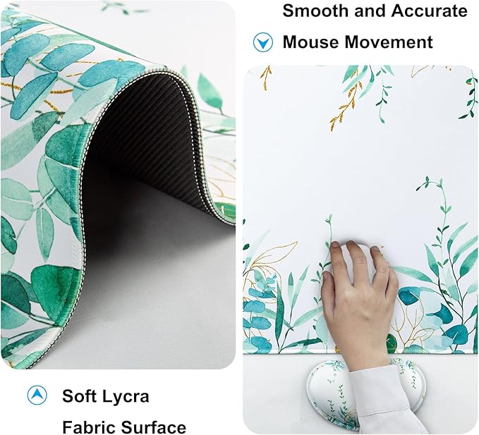 Keyboard Wrist Rest + Mouse Pad with Wrist Support + Desk Mat + Coaster 4 in 1 Set XXL Large Gaming Mousepad Cute Ergonomic Mouse Pads for Desk Computer Laptop Office Decor-Eucalyptus