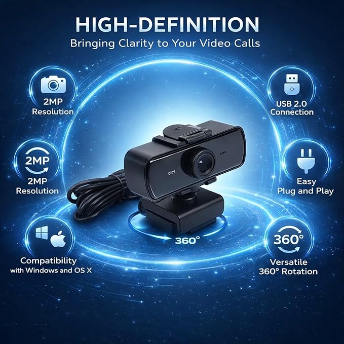 USB Computer Camera with 2K HD Video Built - in Microphone Lens Protection Cover Automatic Focus - Noise Reduction Wide Angle View Plug and Play for PC and Laptop