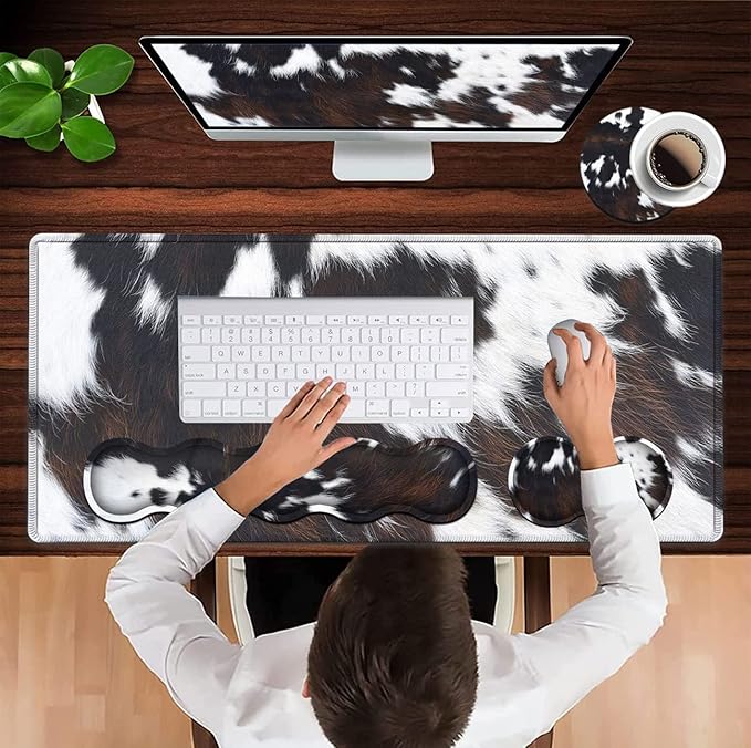 JVGFYNKL Gaming Mouse Pad XXL Large Desk Cute Black Cowhide Extended Mousepad Ergonomic Memory Foam Keyboard Wrist Rest Stitched Edges Desk Pad(31.5x11.8 in) Extended Large Mousepads Wrist Rest Set