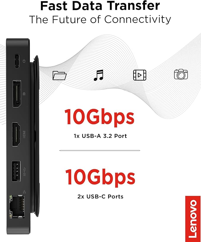 Lenovo USB-C Dual Display Travel Dock - 7 Ports Integrated USB-C Cable Universal Compatibility Dual Displays at 4K - Black