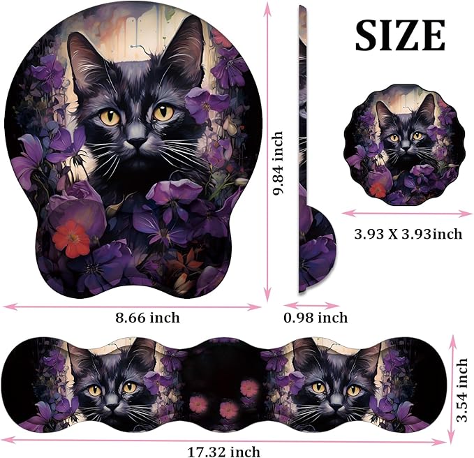 Mouse Wrist Rest and Keyboard Wrist Rest Pad+ Coaster Set Non-Slip Rubber Base Smooth Surface Ergonomic Gaming Mouse Pad for Easy Typing and Pain Relief Cat &amp Purple Flower