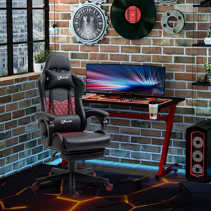Gaming Office Chairs for Adults Comfortable Video Gaming Chair with Footrest &amp Headrest and Lumbar Support PU Leather High Back Computer Gamer Chairs (Black)