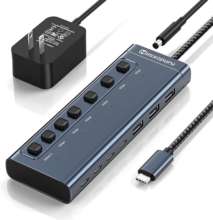 Minisopuru Powered USB Hub7 IN1 Powered USB C Hub with 3 USBA 3.0 Data Ports and 4 USB C Data Smart Charging for iPhone/iPad USB Splitter with Individual On/Off Switches and 12V/3A Power Adapter